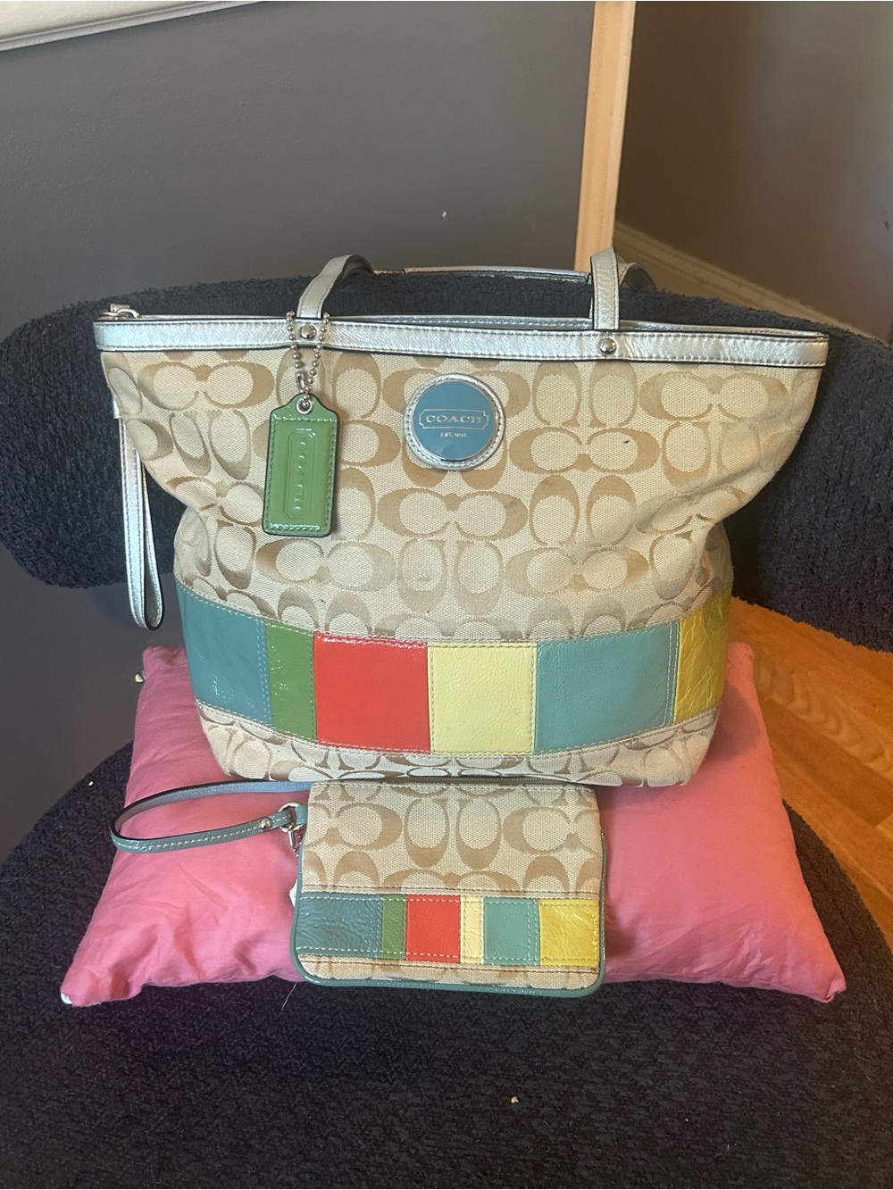 Coach Signature Canvas Tote with Multicolor Patches & Matching Wristlet